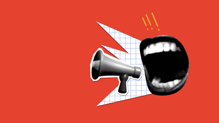 Modern collage with screaming mouth and bullhorn. Halftone newspaper elements. Advertising with megaphone. Woman shouting into loudspeaker to get attention. Animation 2