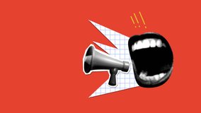 Modern collage with screaming mouth and bullhorn. Halftone newspaper elements. Advertising with megaphone. Woman shouting into loudspeaker to get attention. Animation 2 - Powered by Shutterstock - Get 15% off with code: PIKWIZARD15