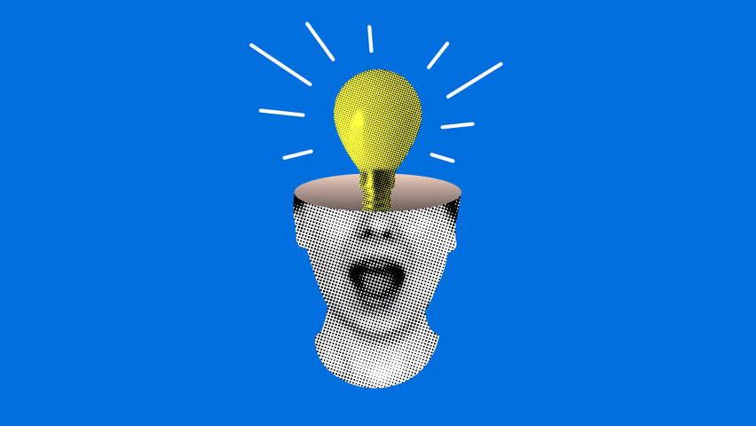 Idea concept. Light bulb turns on in a woman's head. Modern collage. Creative thinking in business. Scientific discoveries. Successful learning. Brainstorm. Halftone elements from newspaper. Animation