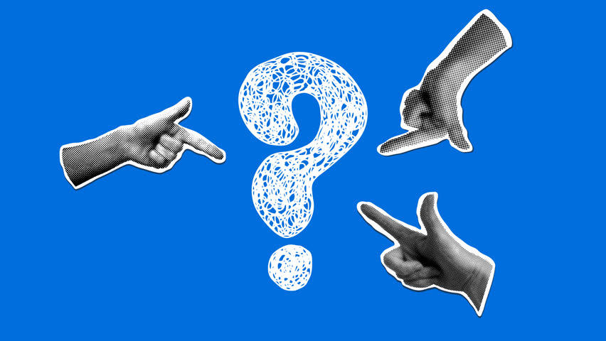 Modern collage with pointing hands and question mark. Doodle style question mark. FAQ sign. Question answer sign. Problem and solution concept. Stop motion animation
