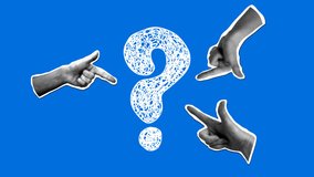 Modern collage with pointing hands and question mark. Doodle style question mark. FAQ sign. Question answer sign. Problem and solution concept. Stop motion animation - Powered by Shutterstock - Get 15% off with code: PIKWIZARD15