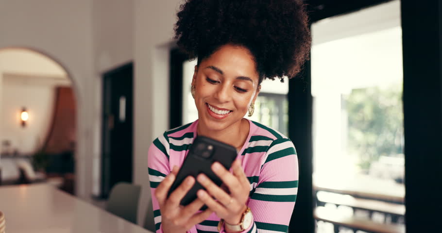 Happy, remote work and woman with selfie in home for social media, research break or blowing kiss. Freelancer, African person and smile in photograph with peace sign, profile picture update or memory