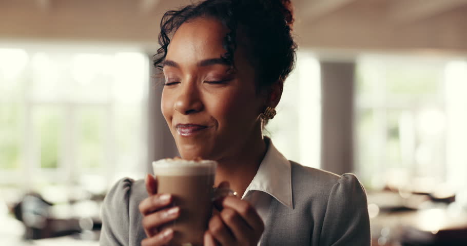 Thinking, coffee or businesswoman in cafe drinking for break, relax or remote work. Restaurant, ideas or entrepreneur daydreaming in diner with latte taste, cappuccino or hot chocolate beverage