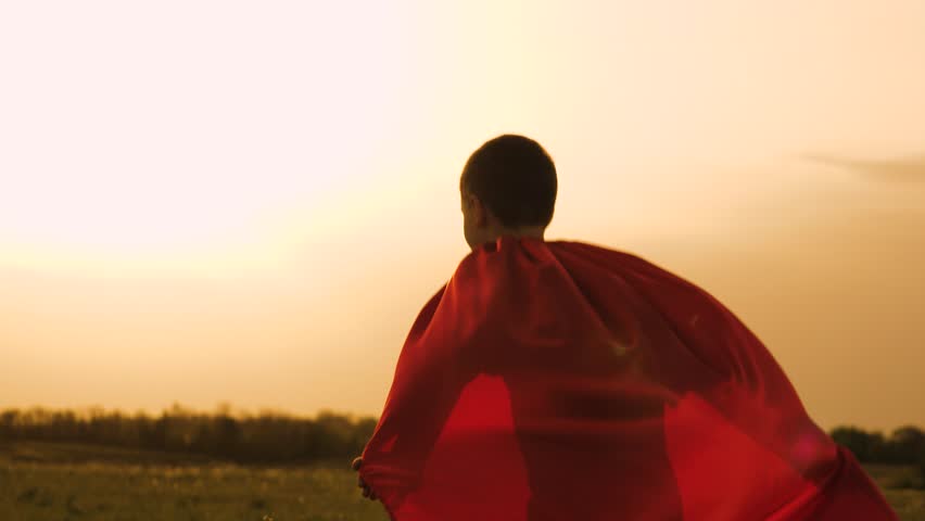 boy son child superhero game running park field sunset grass victory red cloak fancy dress, boy superhero costume, child red cape, kid sunset field, son playing hero, young masquerade outfit, little