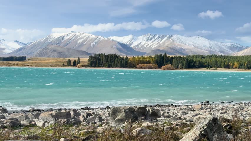 Wide shot of Lake Tekapoâs turquoise waters with visible wind-driven waves, rocky shoreline, and snow-capped mountains under bright daylight, static camera