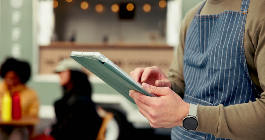 Man, hands and waiter with tablet by food truck for sales, order stock or inventory in nature. Barista, person and technology at outdoor cafe to review menu, scroll email or schedule for hospitality