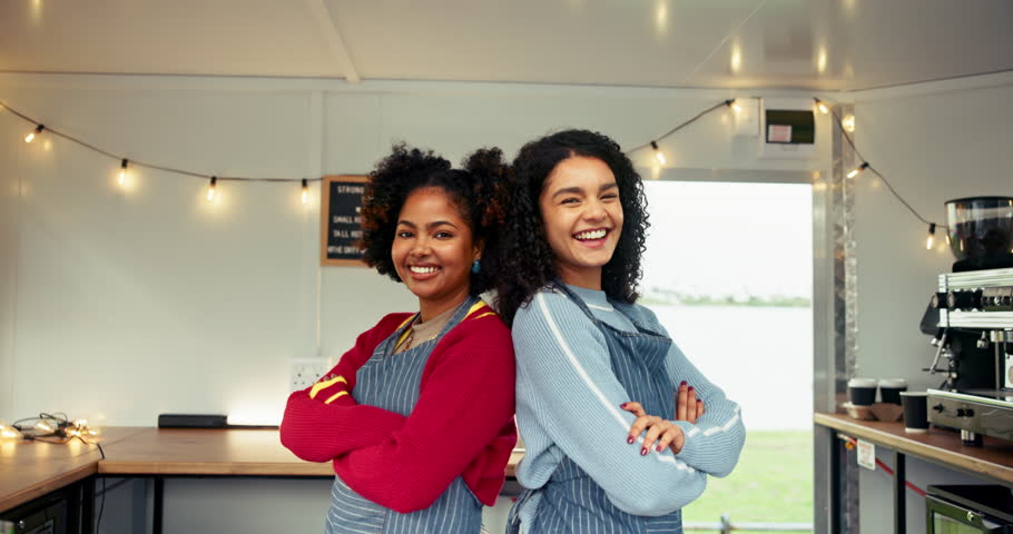Food truck, team and face of women with crossed arms for friendly service, startup and small business. Restaurant, cafe and portrait of people with confidence, pride and smile for mobile coffee shop