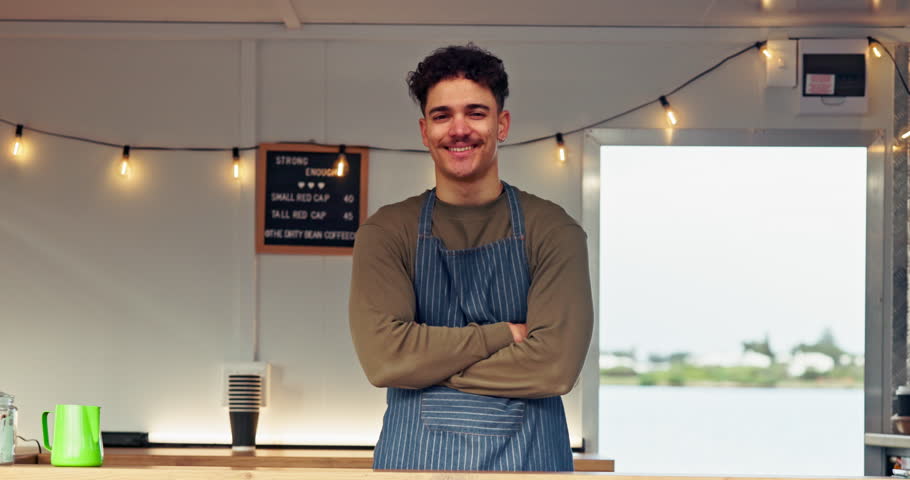 Waiter, face and man with arms crossed in food truck for about us, friendly welcome or local vendor. Mobile small business, server and confidence for customer service, startup or ready for assistance