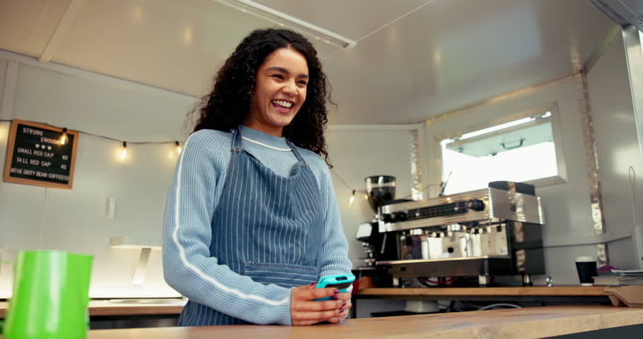 Woman, phone and customer with payment, cafe and food truck for tap with online banking for deal. Person, waitress and smartphone for discount, fintech and pos with transaction at mobile coffee shop