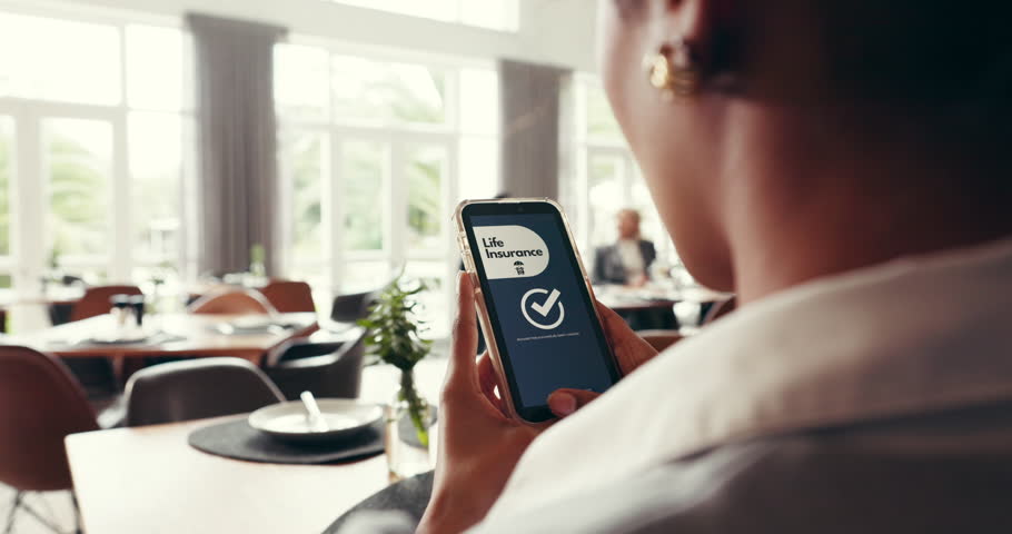 Phone screen, life insurance and hands of person in cafe for digital application, ui and check. Claims status, membership benefits and medical app with woman for biometric login and online review