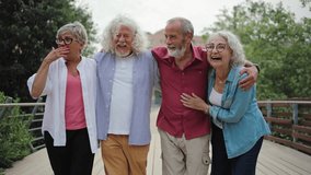 Group of four senior friends walking embracing together laughing and having fun hugging happy in the urban city park - Powered by Shutterstock - Get 15% off with code: PIKWIZARD15