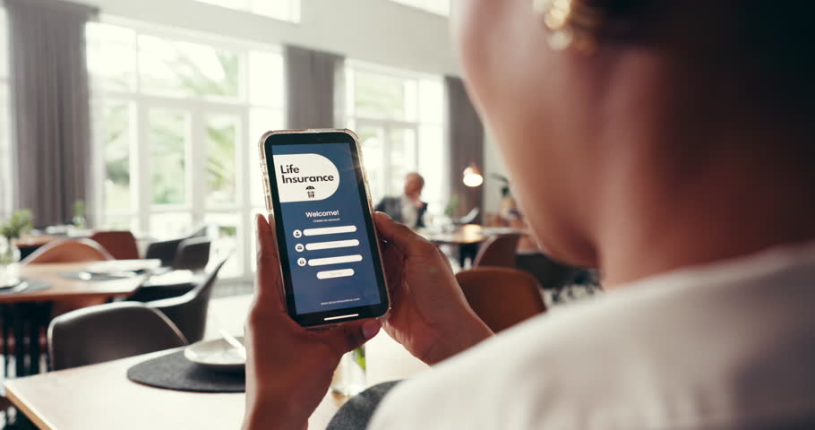 Phone screen, life insurance and app with hands of person for digital application, ui and check. Claims status, membership benefits and medical cover with woman for biometric login and online review
