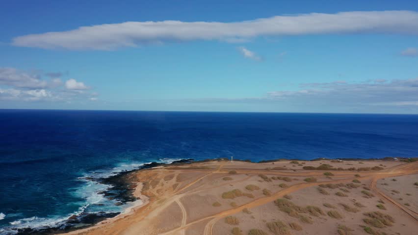 A vivid blue sea stretches to the horizon as waves brush a barren desert coastline crisscrossed by winding tracks beneath a bright, open sky.