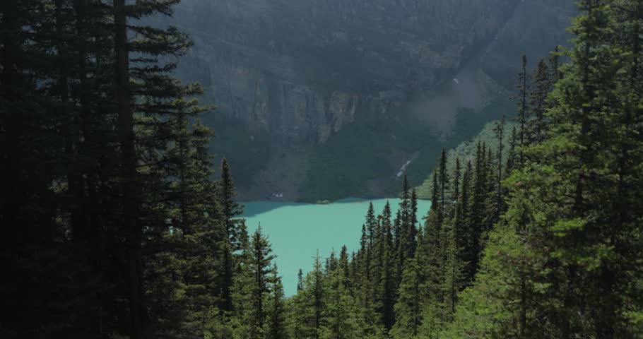 Beautiful view of a portion of Lak Louise from the hiking trail up to Lake Agnes Tea House on Mount St. Piran and Mount Whyte, within Banff National Park near Lake Louise Alberta.