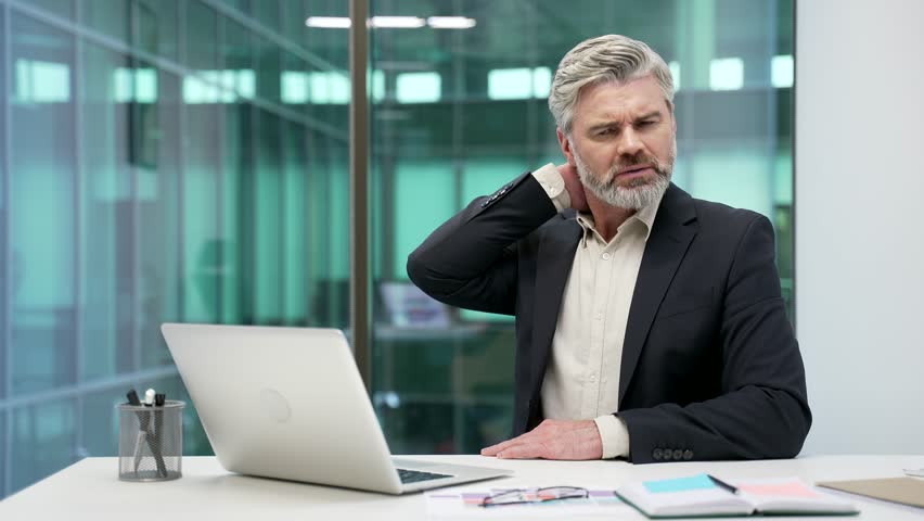 Tired mature businessman suffering from neck pain working on laptop sitting at desk at workplace in business office. Man in formal suit feels discomfort due to bad posture, massages rubs sore muscles