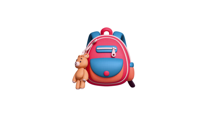 3d animation of cute red orange school backpack with pocket, kawaii plush toy bear keychain. Concept Back to school education, study, preschool learning. Satchel for small children on white background
