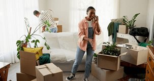 Moving in, boxes or woman with stress for phone call with delivery mistake, shipping damage or angry. Couple, people or speaking to furniture removal service for lost items, relocation and complaint - Powered by Shutterstock - Get 15% off with code: PIKWIZARD15