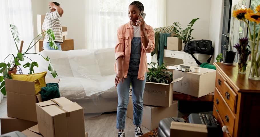 Moving in, boxes or woman with stress for phone call with delivery mistake, shipping damage or angry. Couple, people or speaking to furniture removal service for lost items, relocation and complaint