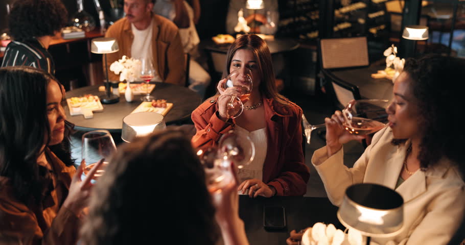 Girls night, laughing and toast with friends in restaurant for bonding, reunion or social gathering. Cheers, fine dining and wine with group of people at table together for evening catch up or drinks