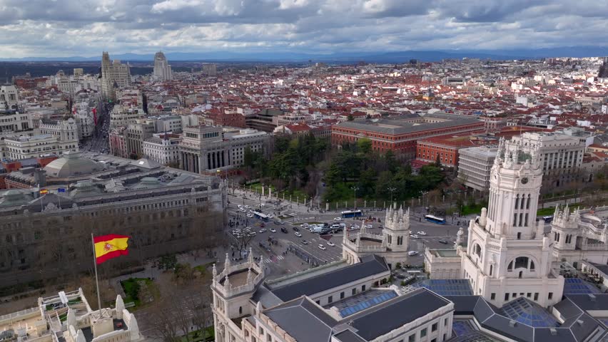 Madrid City Center View on Gran Via Street Aerial Shot of a Square near Palacio de Cibeles in Madrid, Spain.