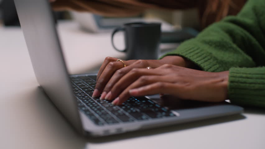 Typing on laptop closeup, chatting in Facebook, meeting website. writing prompts coding software engineer, Close Up on Hands of a Female Specialist Working on Laptop on night office