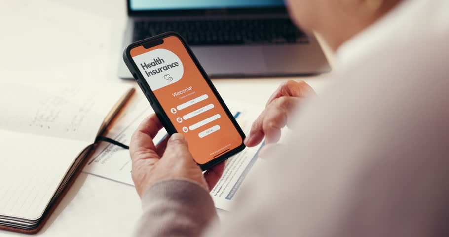 Phone screen, health insurance and hands of person and sign up for digital application, ui or check. Claims status, membership benefits and medical app with woman for biometric login and online