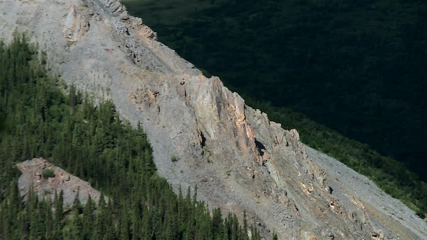 Rocky Outcrop and Steep Cliffs Rising from Conifer Forest in Denali national park, Alaska