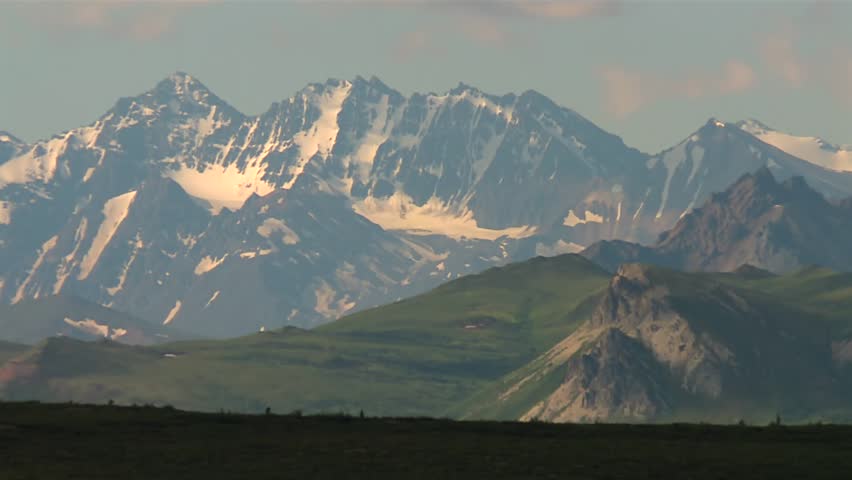 Zoom out panoramic View of Alaska Range Mountains in Denali National park, Alaska