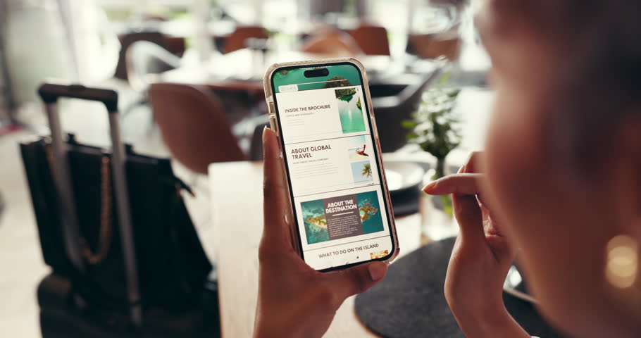 Travel, website and phone screen with hands of person for holiday planning, blog and tourism. Vacation research, destination guide and newsletter with woman in airport lounge for accommodation review