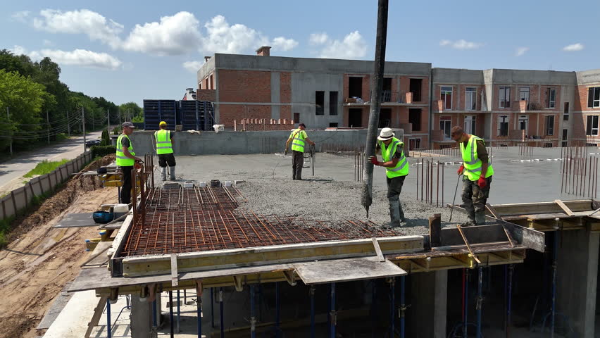 Construction workers in safety vests pouring concrete on top floor slab of building site, teamwork and manual labor in civil engineering and modern residential development