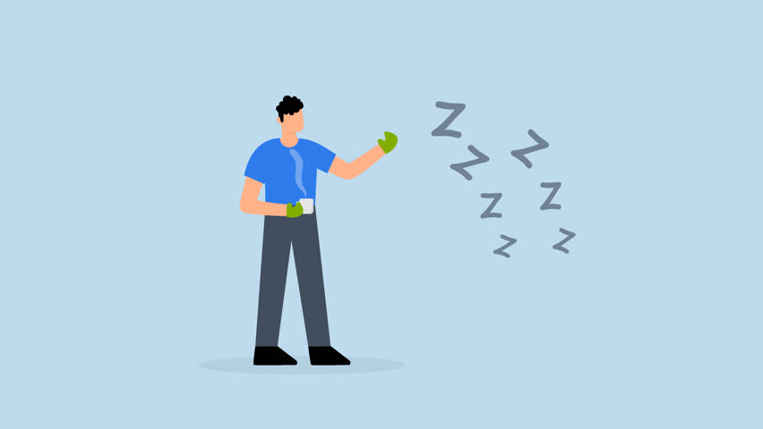 4k animation of awake businessman drinking coffee and wearing boxing gloves to fight lazy sleepy symbol.