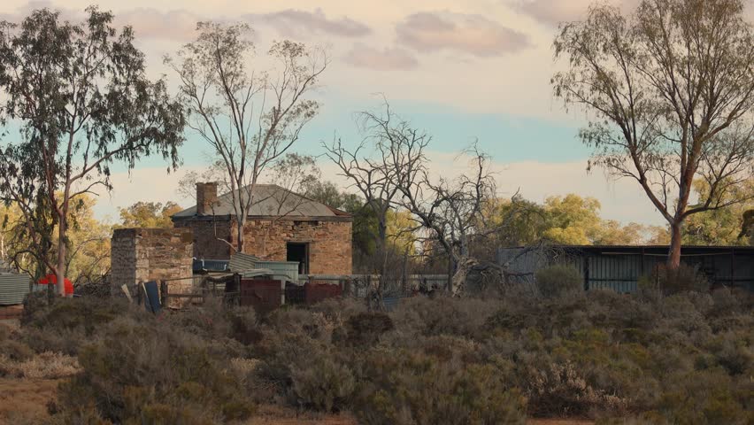 Captivating view of an historic stone building nestled in the rustic Flinders Ranges outback, Beltana, South Australia. This unique rural landscape offers a rich historical backdrop.