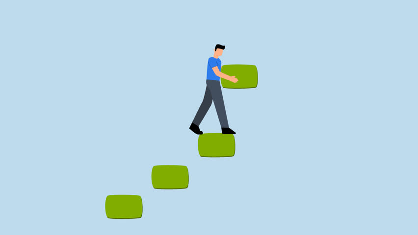 4k animation of businessman builds ladder to move forward as his business grows.