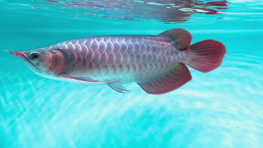 A super red arowana fish swims in a long aquarium with clean, clear water. The light reflects a greenish hue. Arowana fish are freshwater fish that enjoy eating insects such as crickets and cockroach