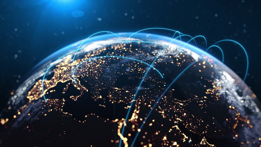 Global Connection Lines. Network Data Transfer Over Earth. Futuristic AI Technology, 5G, Satellite Communication, Internet Connectivity, Big Data, Digital World Background Animation. Crypto Exchange - Powered by Shutterstock - Get 15% off with code: PIKWIZARD15