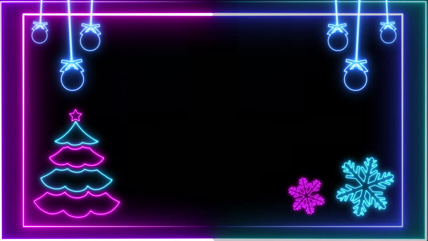 Neon Loop Led Lights Christmas Frame Template. Illuminated Christmas Tree with Snowflakes and Sugarcanes Animated Glowing Decorated Banner Title Bar or Card Isolated on Black Background 