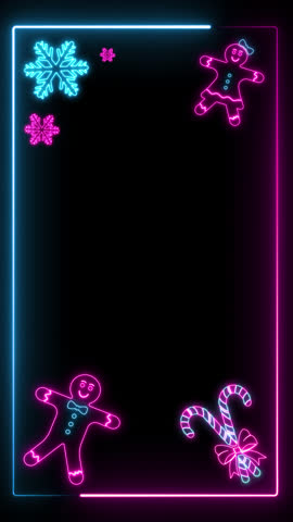Vertical Loop Neon Led Lights Christmas Frame Template. Gingerbread Man and Woman Cookies with Hanging Balls. Animated Glowing Decorated Banner Title Bar or Greeting Card Isolated on Black Background 