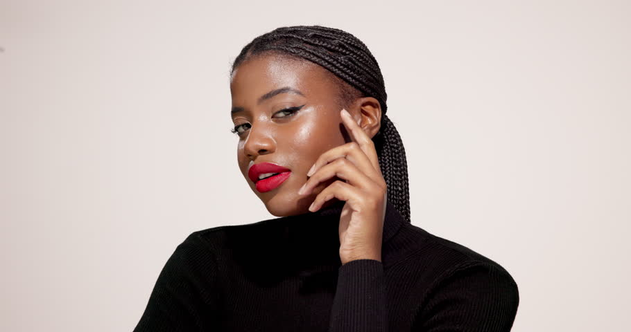 Face, fashion or black woman with lipstick in studio for beauty glow or skincare cosmetics, Proud, classy or African female person on white background with shine, space or makeup with elegant style
