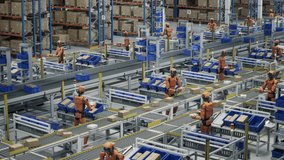 3D Animation: Isometric View of Automated Warehouse or Logistics Center with Advanced General Purpose Robots. Flythrough over Rows of Autonomous AI-Enabled Humanoid Robots Work at Fulfillment Center - Powered by Shutterstock - Get 15% off with code: PIKWIZARD15