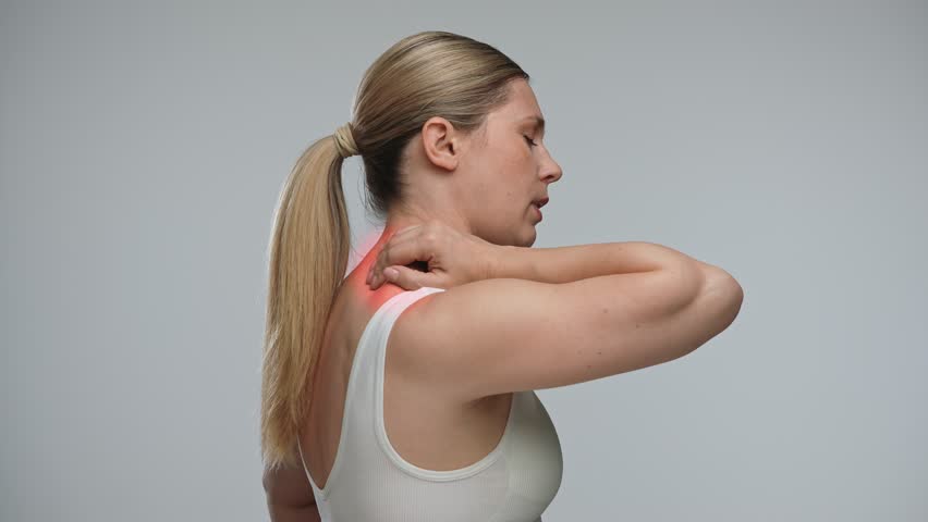 A woman with highlighted neck area indicating pain, suggesting discomfort or an injury in that region. Concept of health, treatment and pain relief.