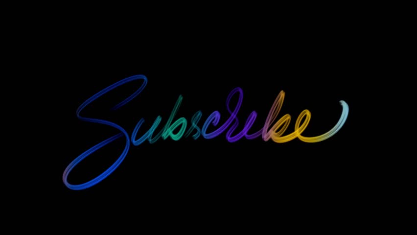Brushstroke-style animated 'Subscribe' text with smooth gradient color and handwriting effect. Gradually appears on a black background. Ideal for titles and visual intros.