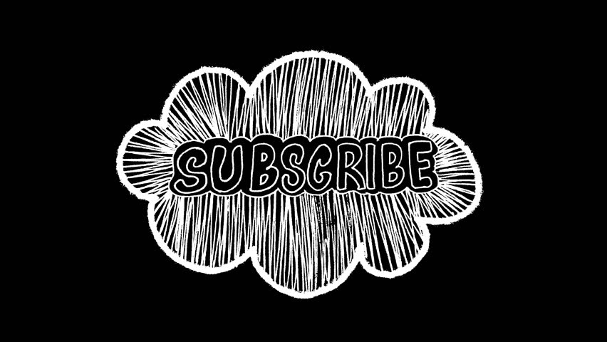 Playful sketch-style animation of the word ‘Subscribe’ in bold hand-drawn letters inside a cartoon bubble. Supplied in transparent and green screen formats for use in motion graphics and titles.