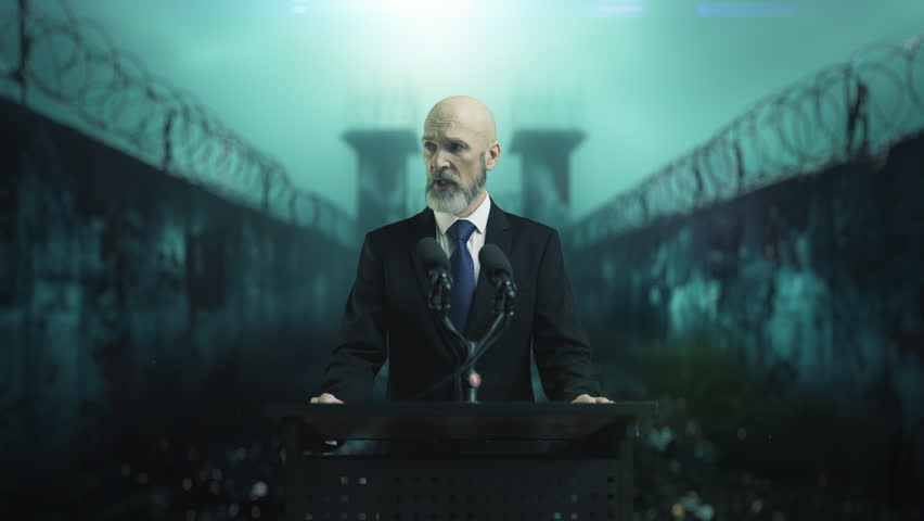 A stern prison warden gives an angry speech in a barbed-wire prison yard