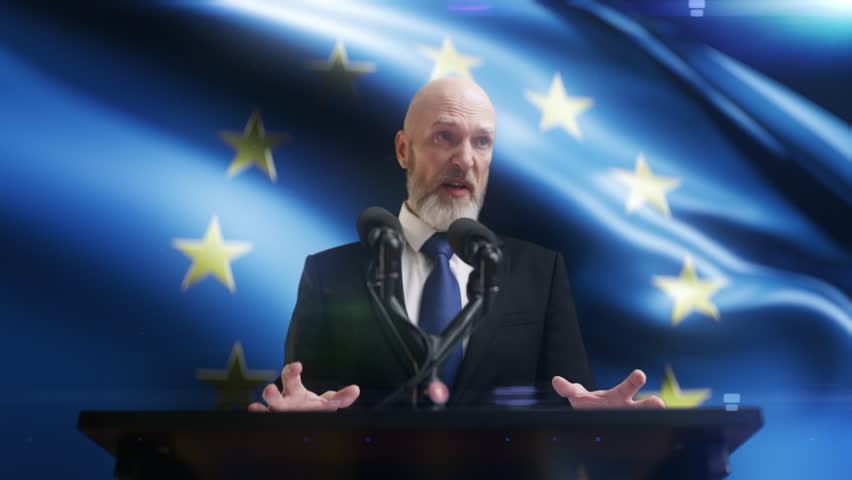 Displeased man ambassador speaking angrily at a podium on EU flag background
