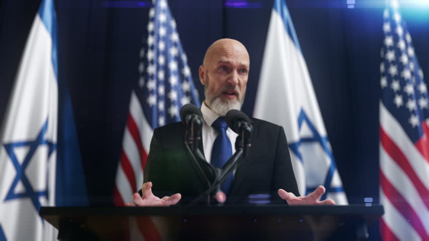 Dissatisfied man president delivering a fierce speech at an international summit