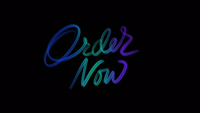 Animated handwritten text appearing of the phrase “Order Now” in gradient brush strokes. Rendered with glowing motion on black background. Designed for visual title animations and graphic elements.