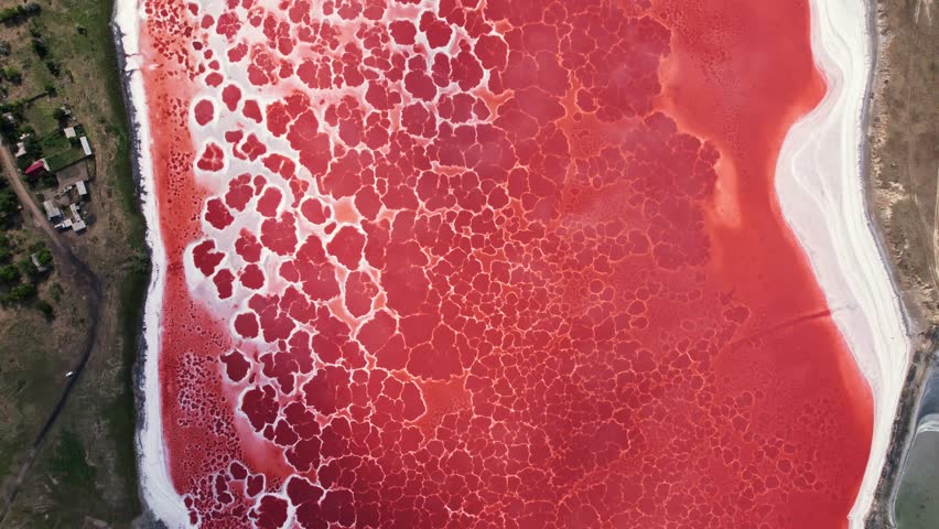 An aerial view highlights the stunning Red Lake framed by expansive white salt flats