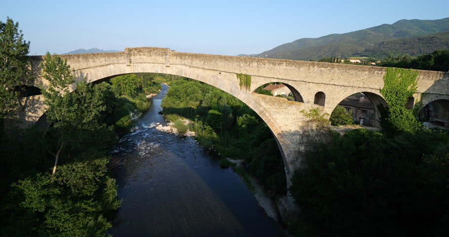 Ceret, Pyrenees Orientales, Catalonia, France. The Pont du Diable overcrossing the river Le Tech.