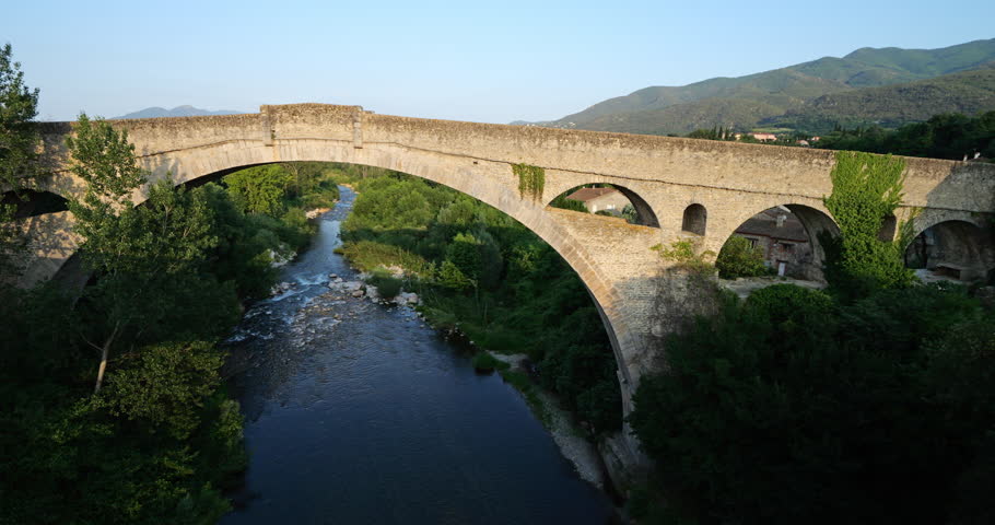 Ceret, Pyrenees Orientales, Catalonia, France. The Pont du Diable overcrossing the river Le Tech.