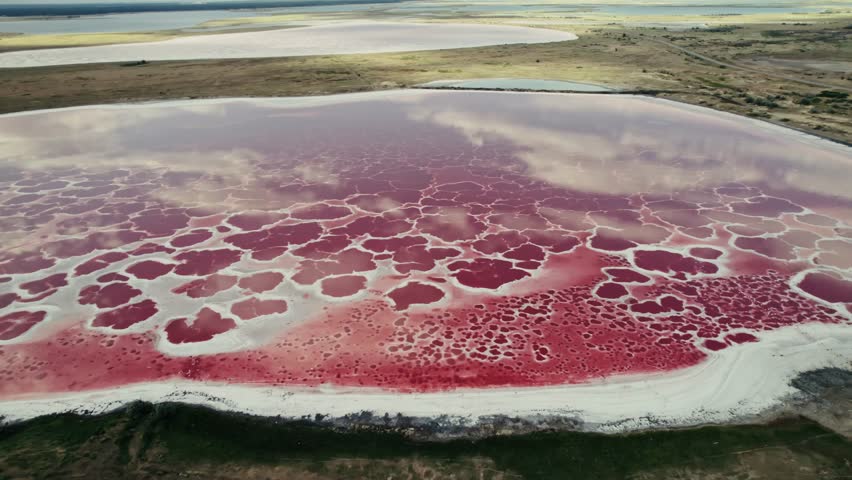 Stunning Aerial View of a Beautiful Pink Salt Lake Showcasing Unique Natural Patterns